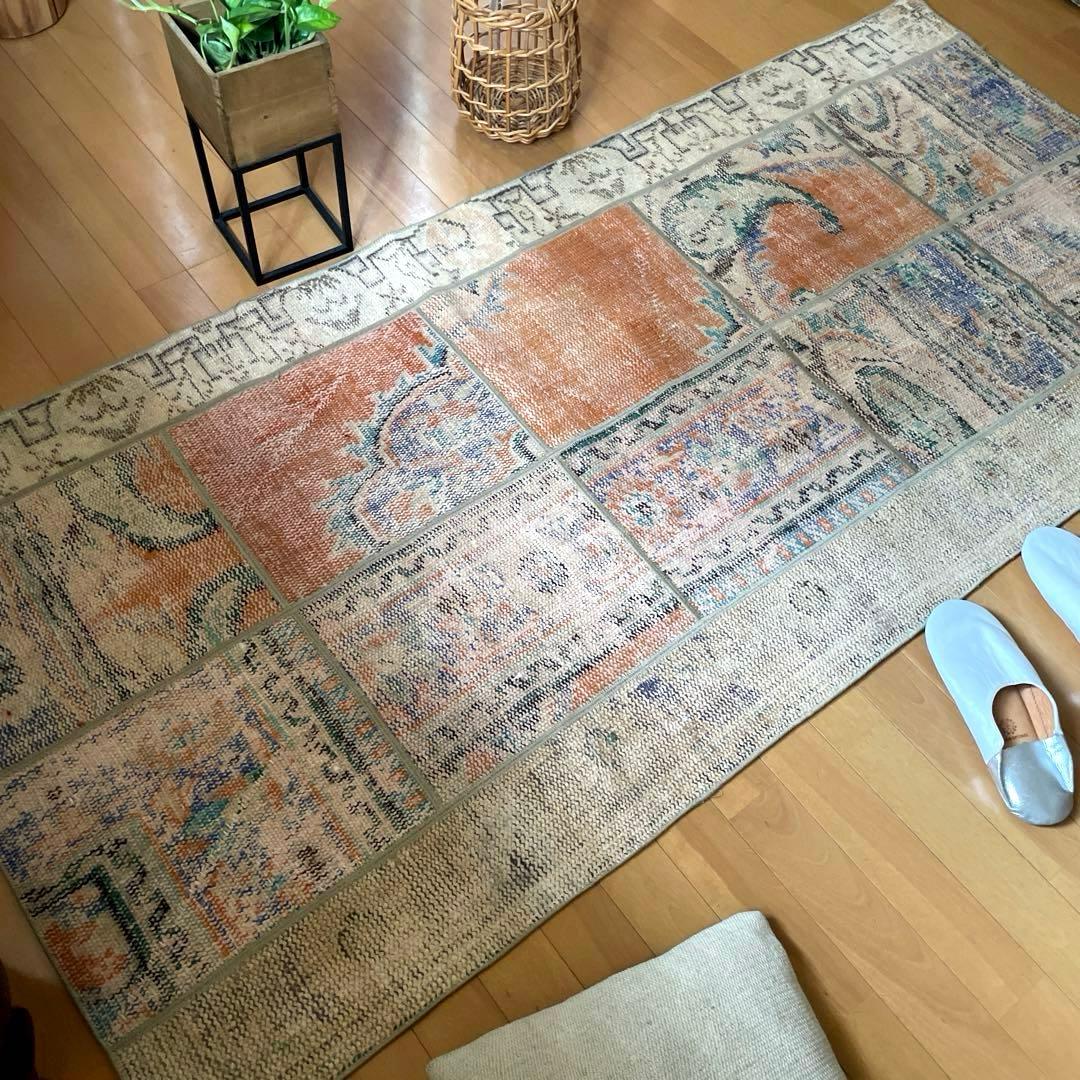 91×191優しいオレンジカラー　パッチワーク　トルコヴィンテージラグ