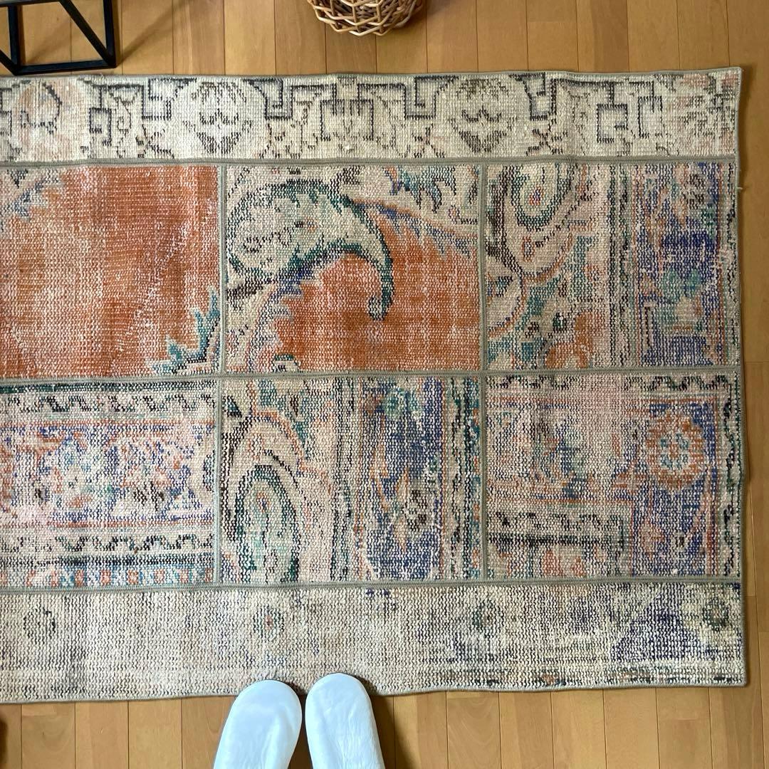 91×191優しいオレンジカラー　パッチワーク　トルコヴィンテージラグ