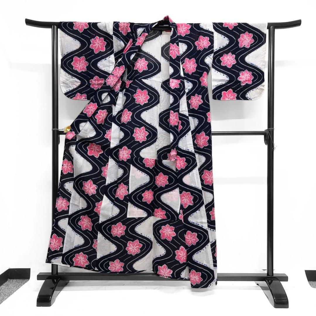 浴衣　有松鳴海絞り　藍染　楓　流水　ネイビー　ピンク　着物　035a d