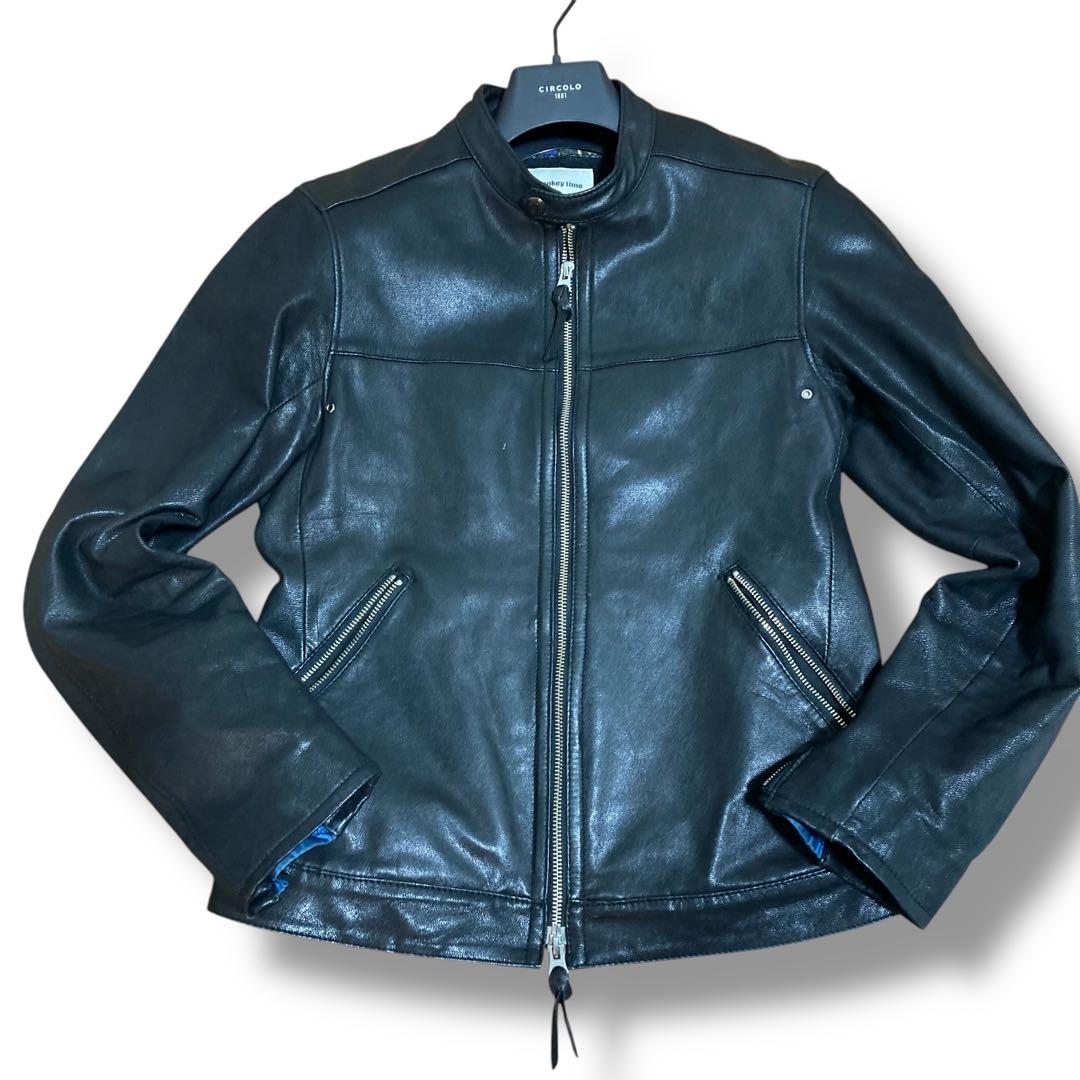 monkey time ブラックレザー シングルライダース L 花柄 やぎ革