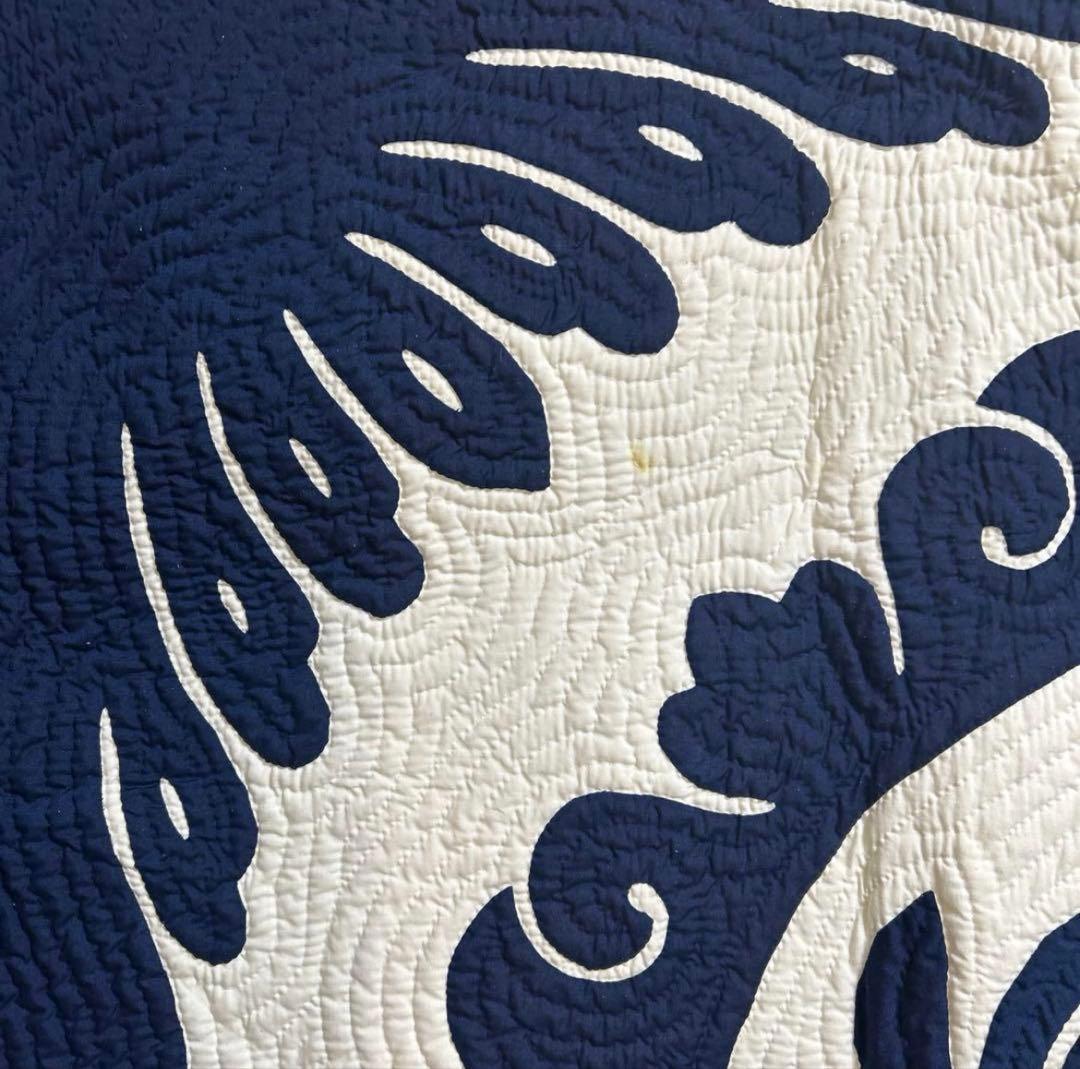 値下げ中！【一点物！】高級　手縫いハワイアンキルト 198×198 ホヌ柄 紺色