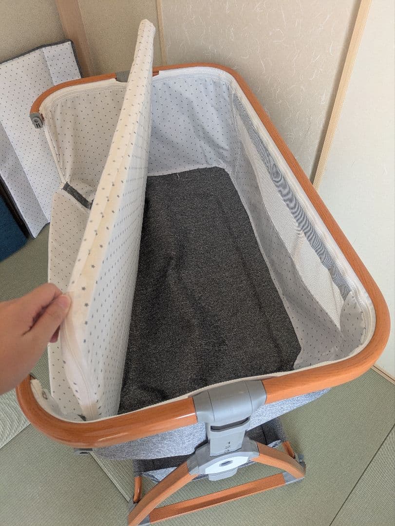【送料込み】ベビーベッド グレー 高さ調整可能 ゆりかご 蚊帳付き