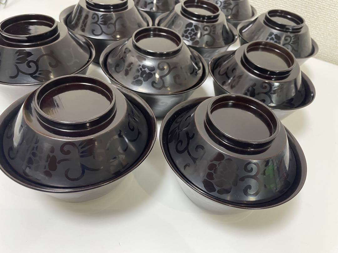 黒漆器 黒漆 内黒塗 漆器 吸物 懐石椀 煮物椀 10客 唐草柄 アンティーク