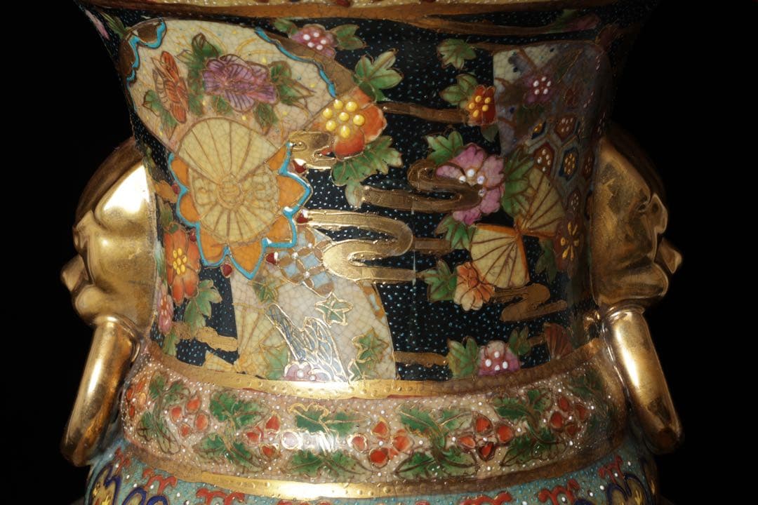 薩摩焼 金薩摩 美人図 大花瓶 高さ61.5㎝ 飾壷 耳付き 花入 古美術品