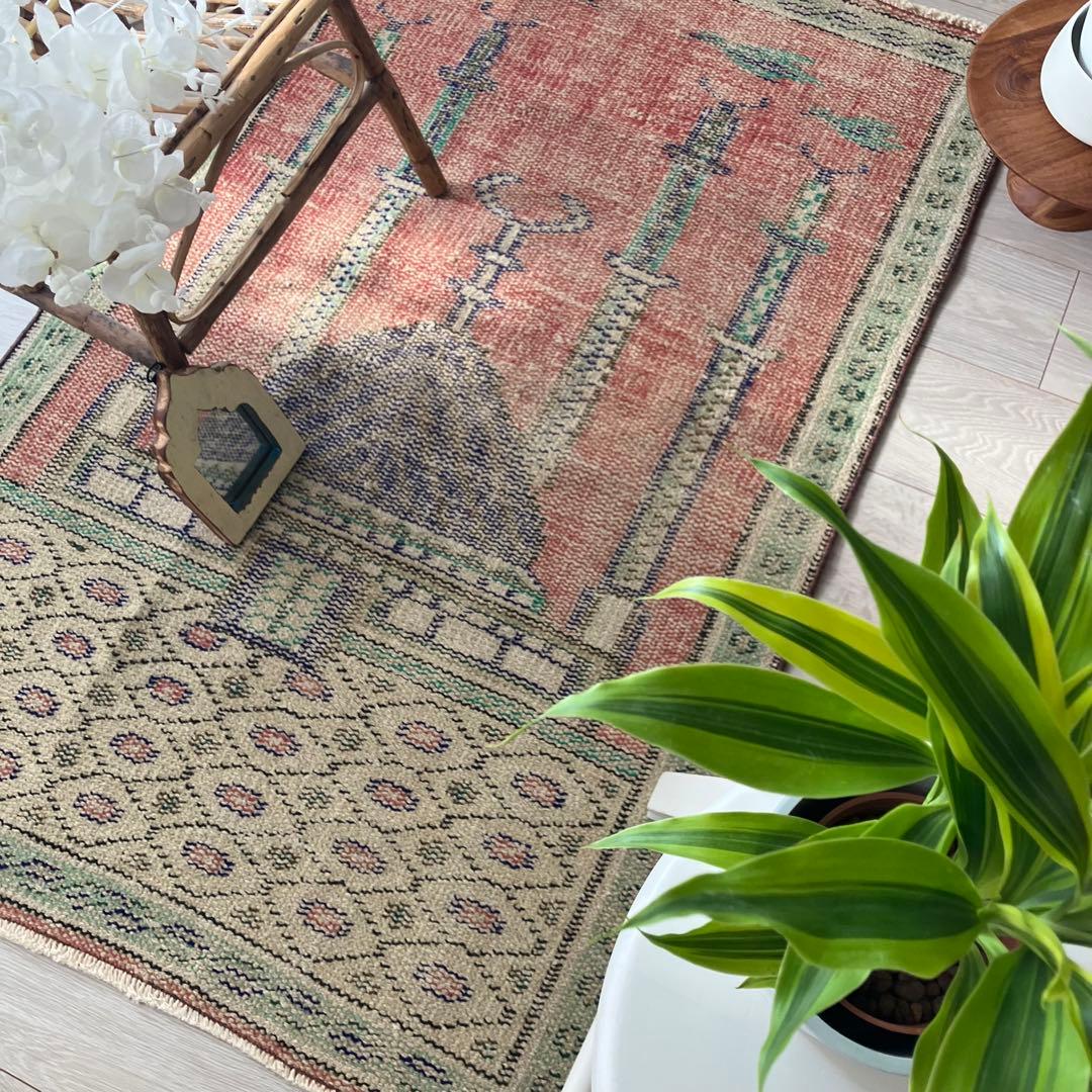 レッド✳︎グリーン　アート塔　パープル　リバーシブル　トルコヴィンテージラグ