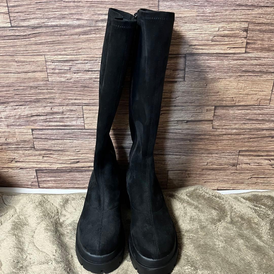 Heather スエード インヒール ブラックスストレッチロングブーツ M