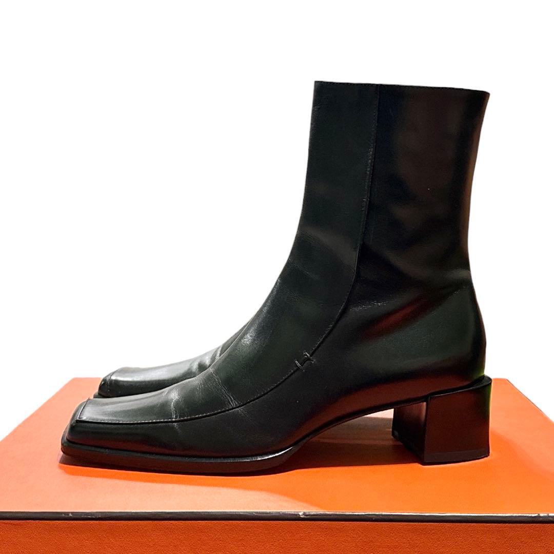 エルメス　黒 レザー スクエアトゥ ロングブーツ　36.5