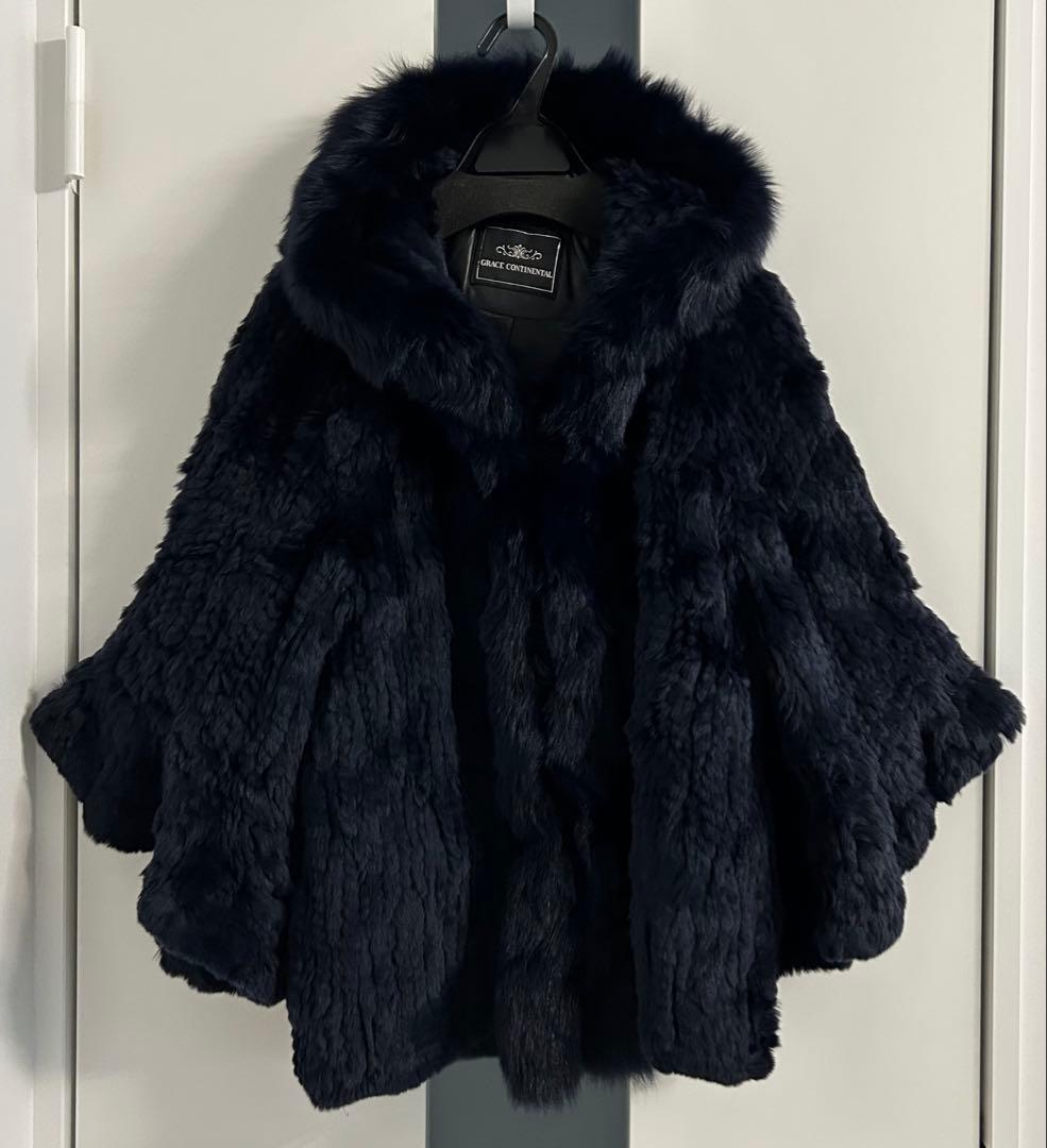グレースコンチネンタル ネイビー ポンチョ ファー コート