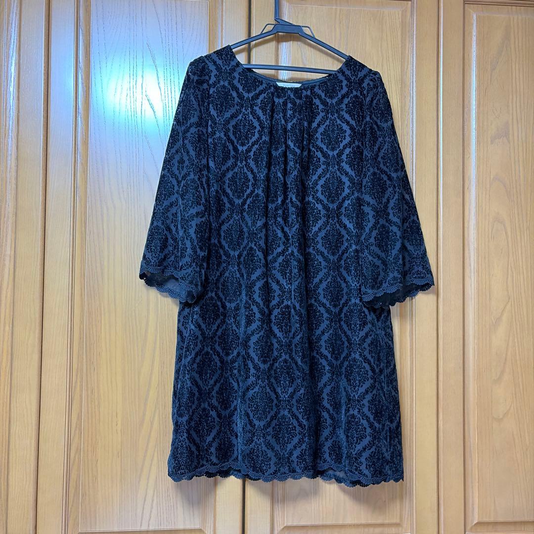 美品♩Rose tiara 46 黒透し柄　七分袖ワンピース　チェニック