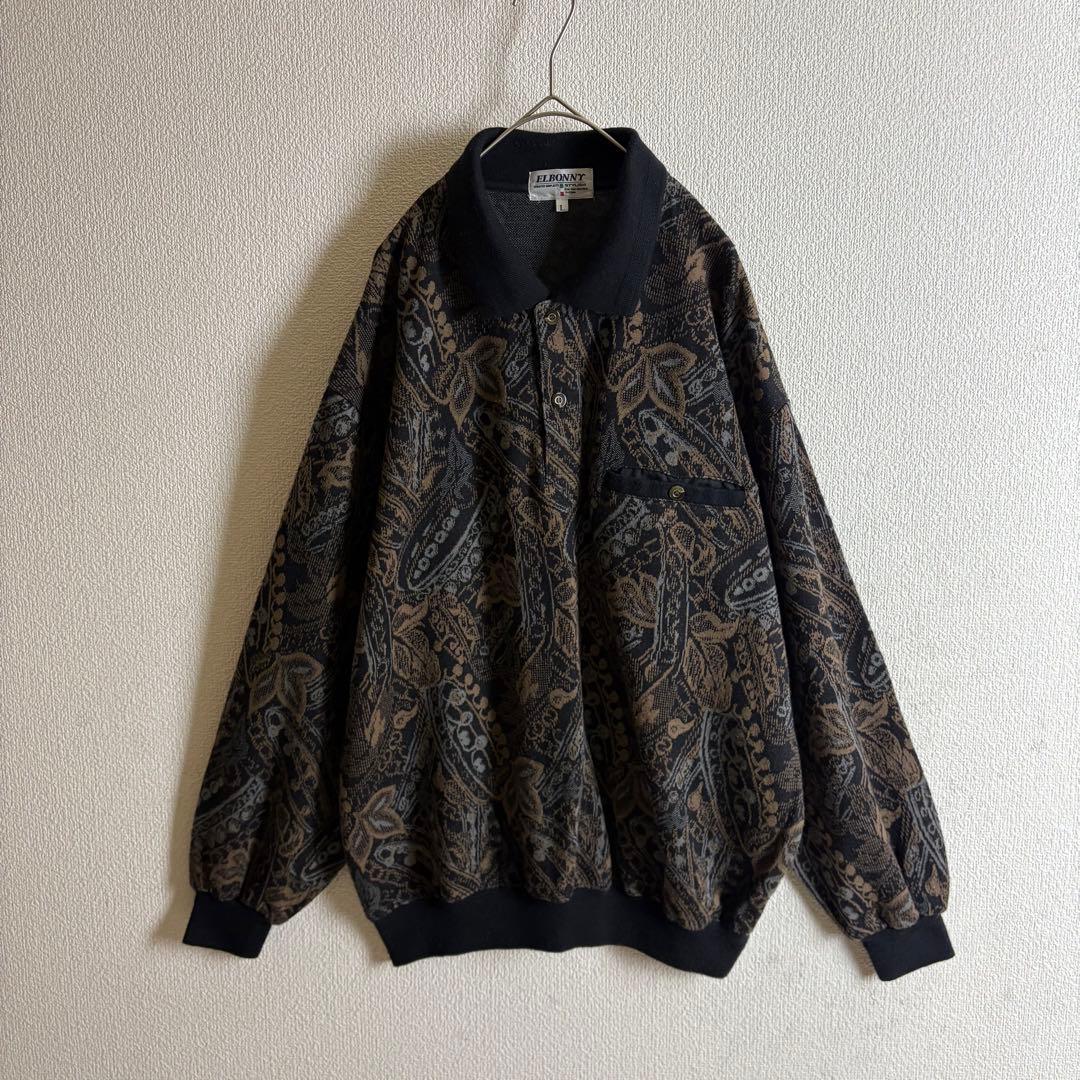 ポロニット　幾何学模様　ボタニカル　総柄　ハーフボタン　襟袖裾切替　レトロ　古着