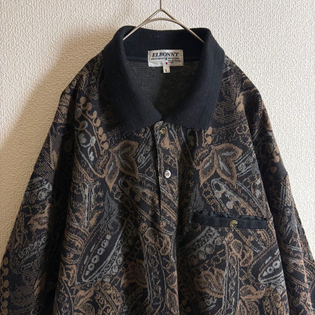 ポロニット　幾何学模様　ボタニカル　総柄　ハーフボタン　襟袖裾切替　レトロ　古着