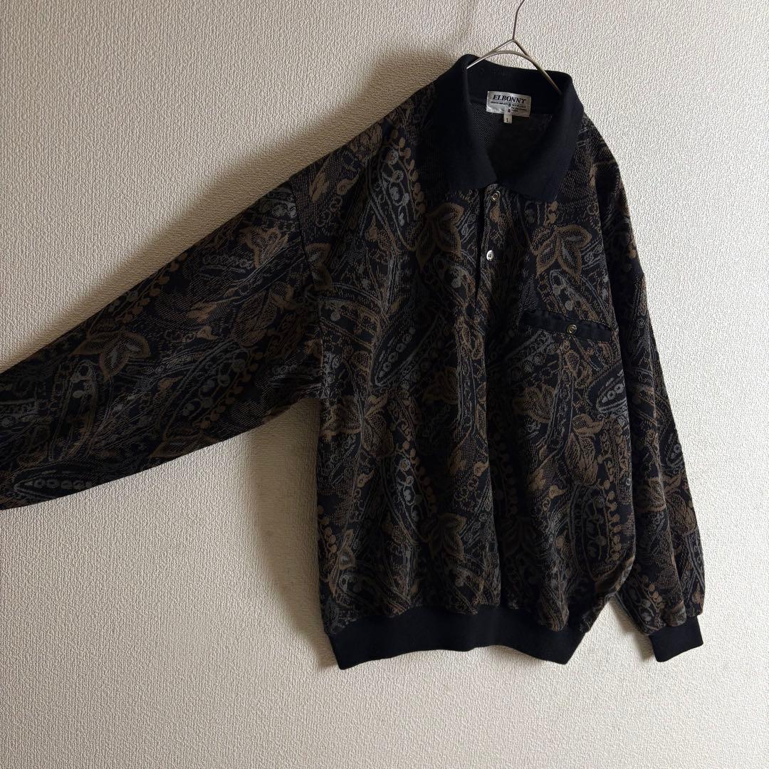 ポロニット　幾何学模様　ボタニカル　総柄　ハーフボタン　襟袖裾切替　レトロ　古着