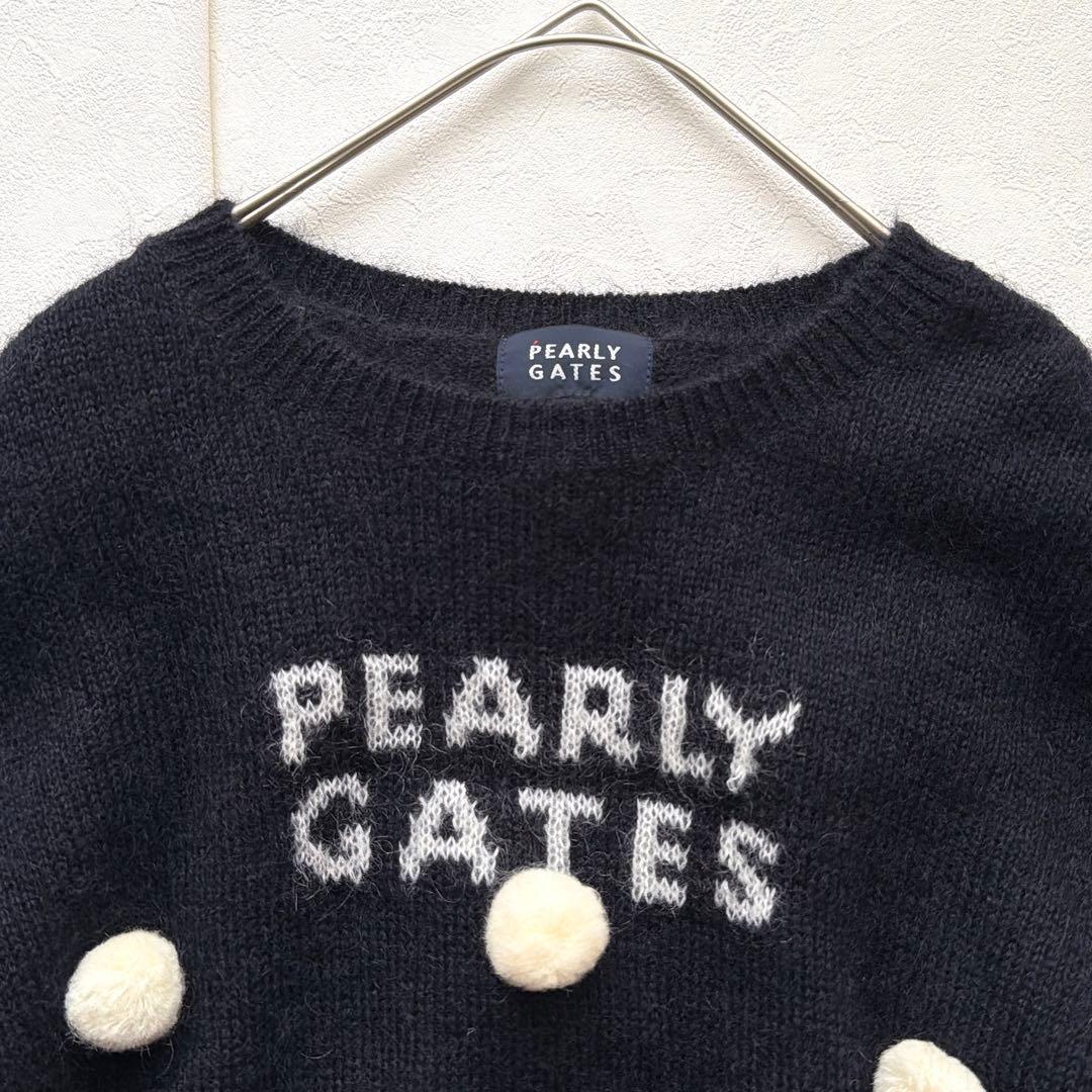 PEARLY GATES モヘア ニット セーター ロゴ刺繍 ポンポン 黒
