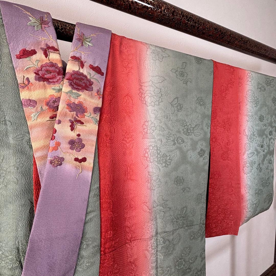 超美品　長襦袢　現代　正絹　着物　袷　紫　赤　緑　刺繍半襟　トール　レトロ