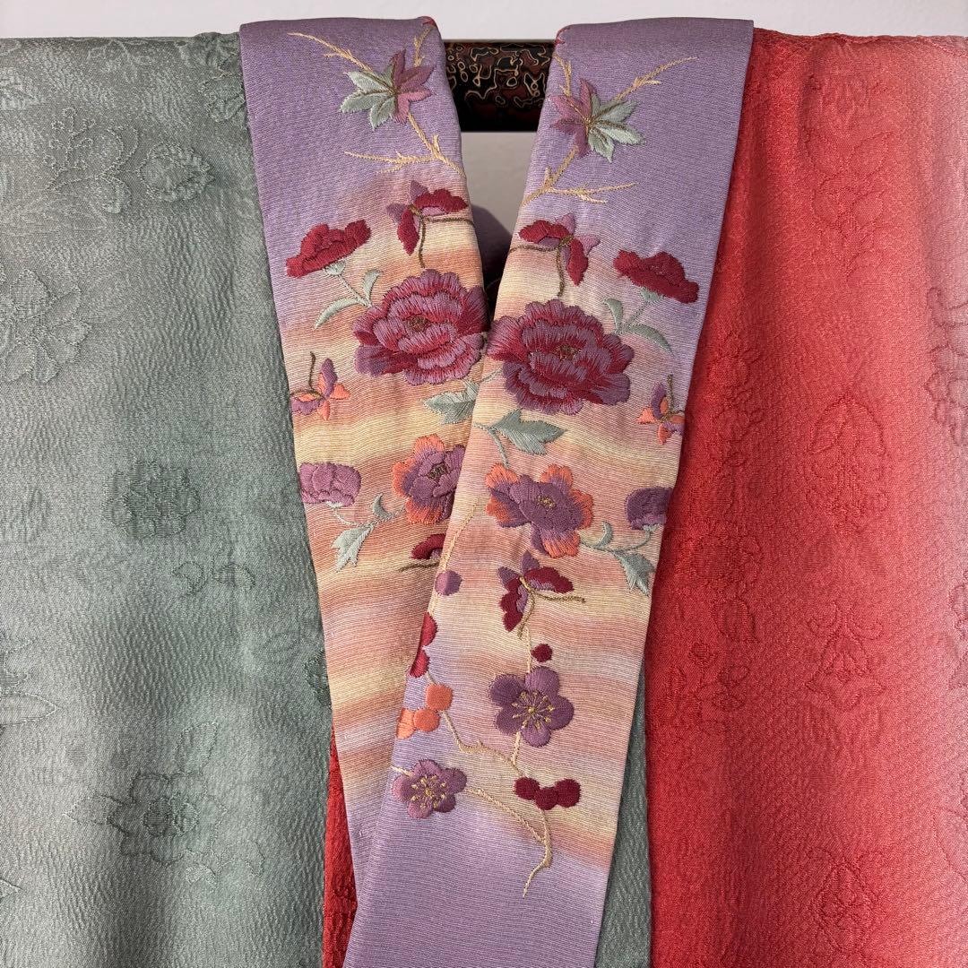 超美品　長襦袢　現代　正絹　着物　袷　紫　赤　緑　刺繍半襟　トール　レトロ