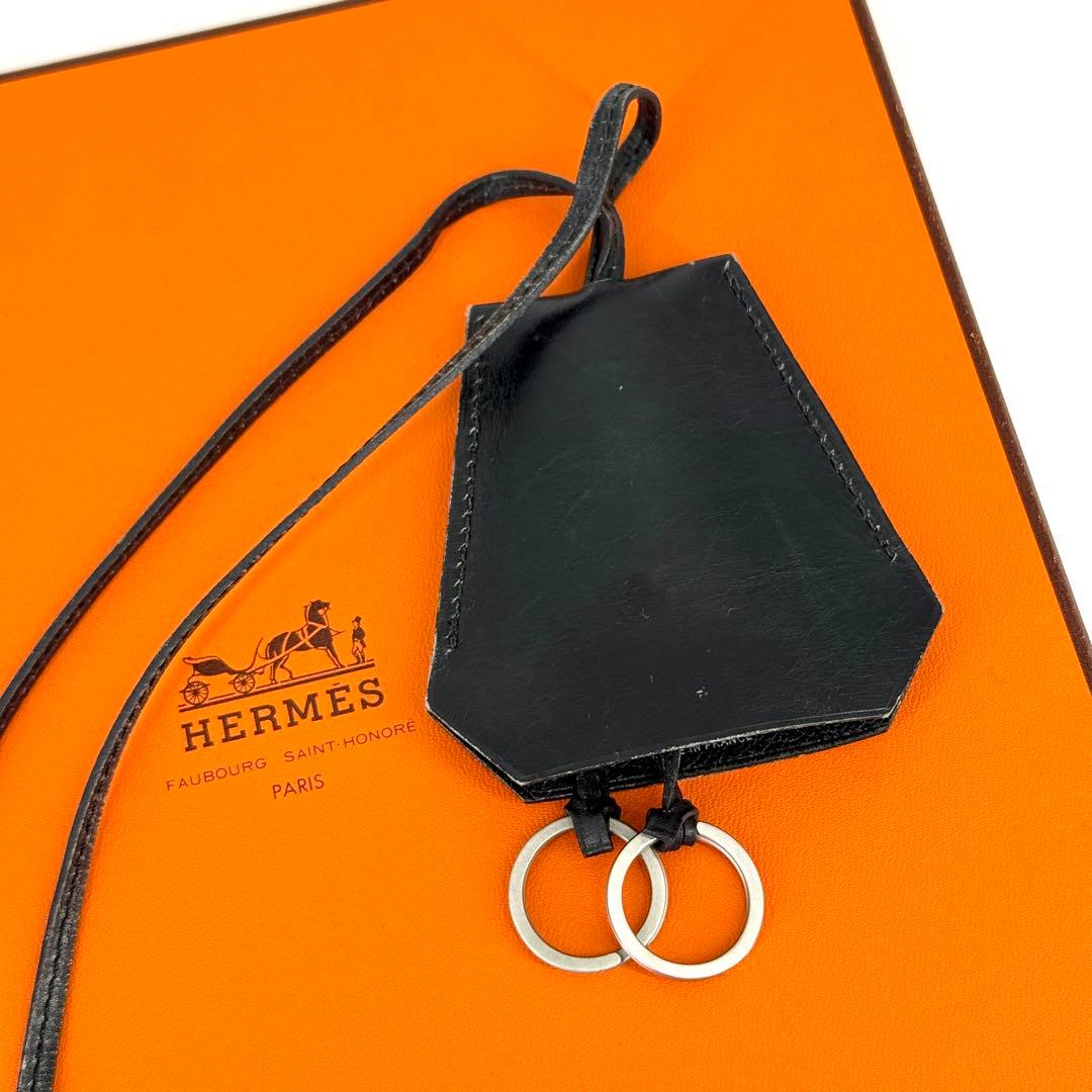 エルメス レザー クロシェット ネックストラップ ブラック 黒 キーリング