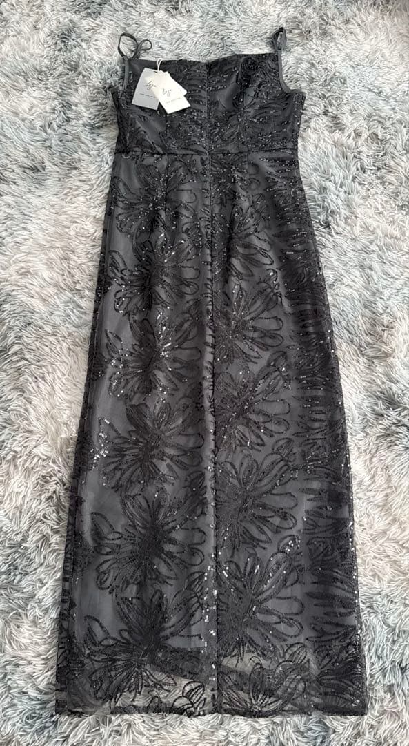 LEJA 新品タグ付　フリルチュールスリーブリボンIラインワンピースドレス