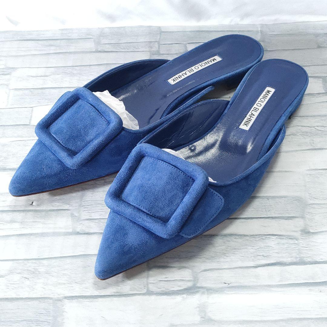 保存袋付き✨マノロブラニク　メイセール　スウェードミュール　バックル　ブルー38