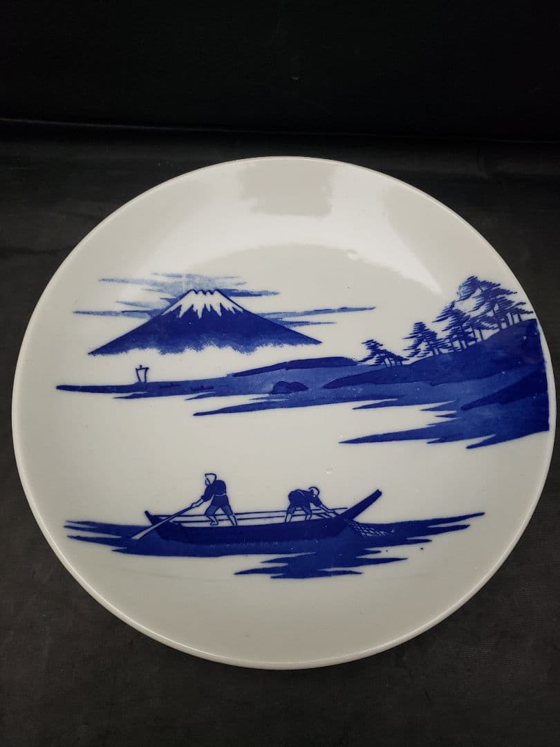 古伊万里　染付皿　5枚　富士山　三保の松原　アンティーク
