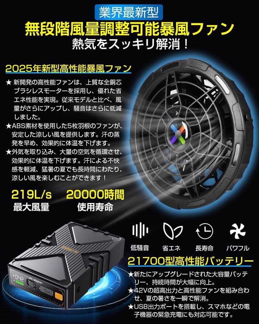 42V超高出力 超強風 作業服 ファンバッテリーセット風量調節 PSE認証済
