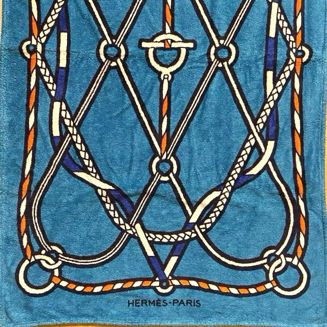 美品 エルメス ビーチタオル ラグ 玄関マット ロープ柄　海 夏 マリンブルー