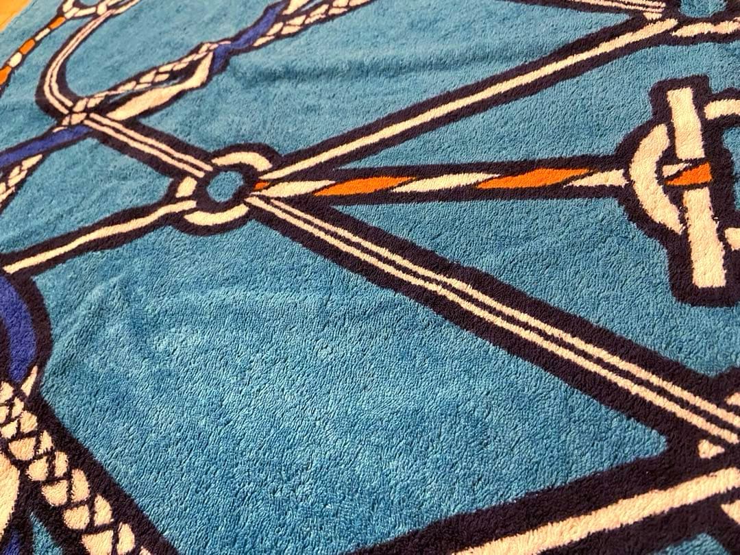 美品 エルメス ビーチタオル ラグ 玄関マット ロープ柄　海 夏 マリンブルー