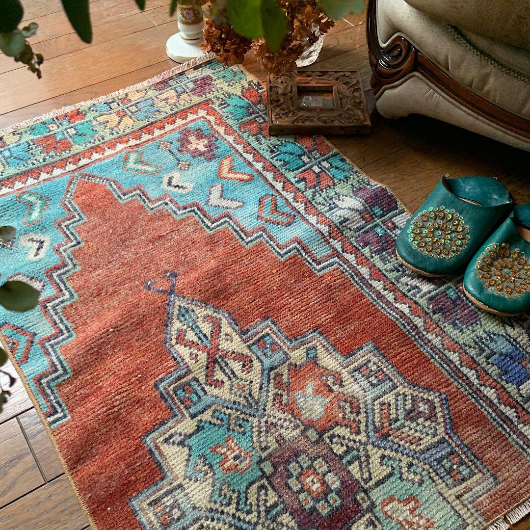 レトロブルー　テラコッタ98×62 メダリオン　トルコヴィンテージラグ