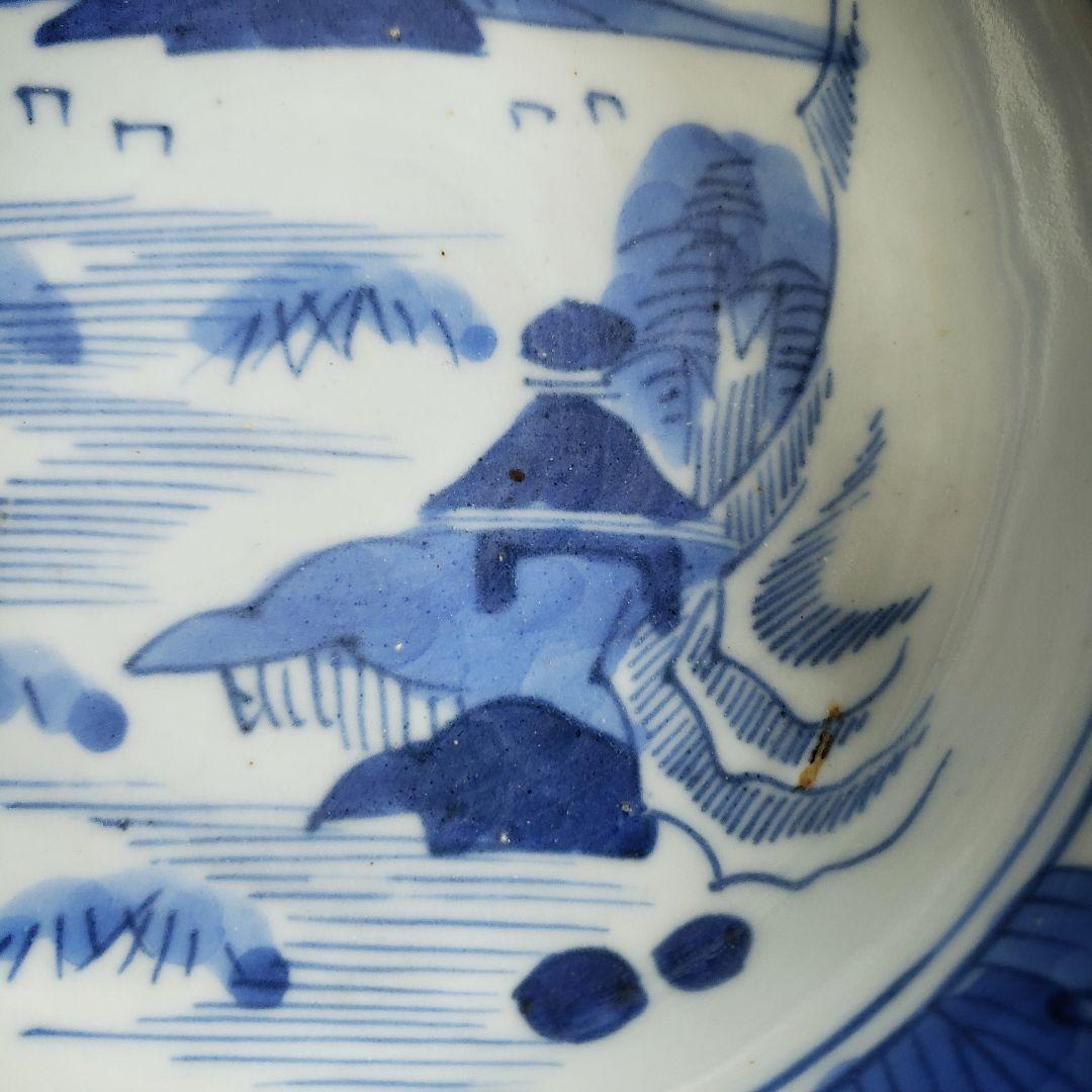 古伊万里　鉢　染付　山水図　草花蝶　唐草　花蝶模様　輪花　江戸　明治