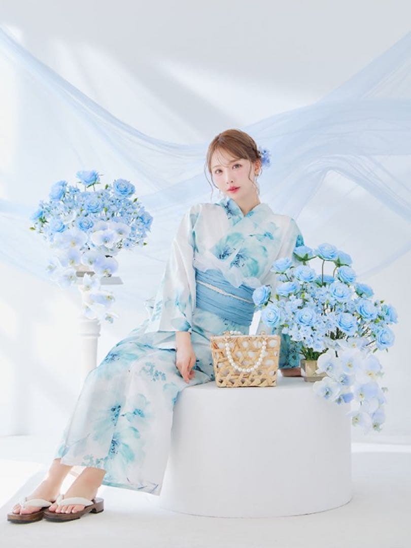 ブルーグレイニュアンスフラワー浴衣【浴衣3点セット】sugar 三上悠亜