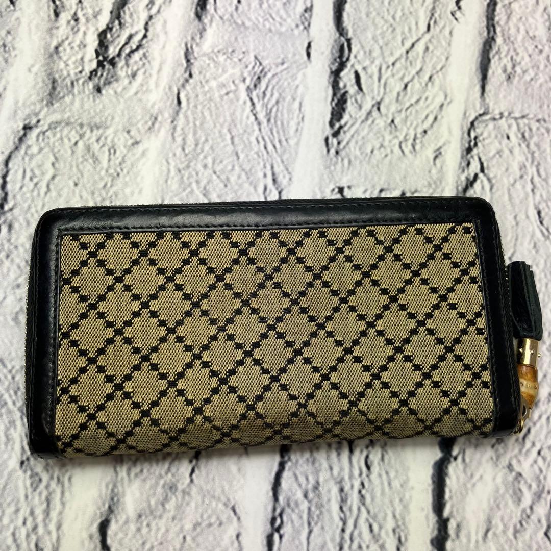 グッチ✨ディアマンテ バンブー ラウンドファスナー キャンバス レザー 長財布