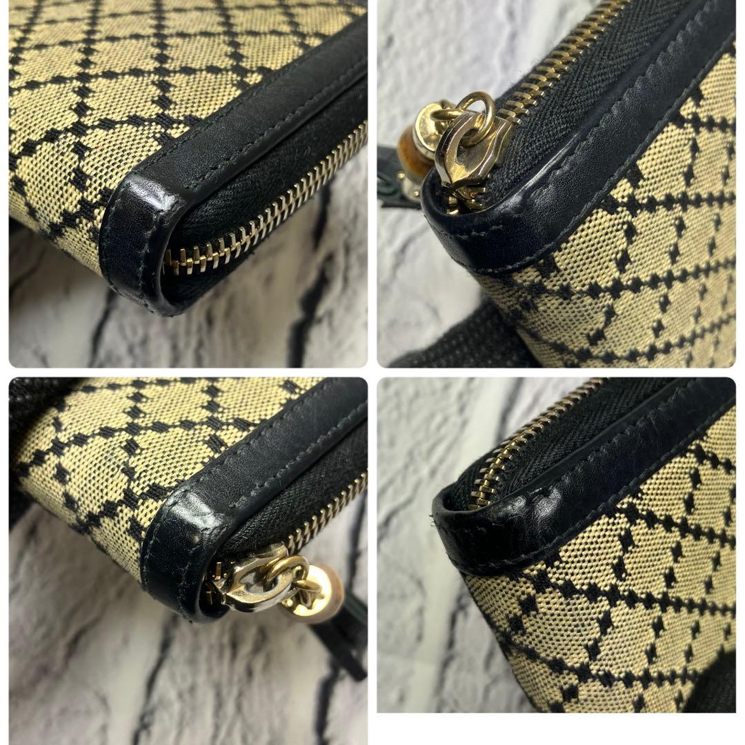 グッチ✨ディアマンテ バンブー ラウンドファスナー キャンバス レザー 長財布