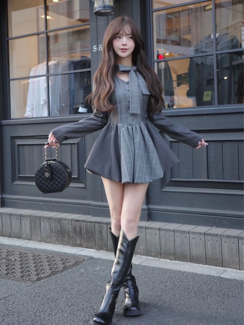 チェックストライプバルーンミニワンピース GRY FREEサイズ ノベルティ付き