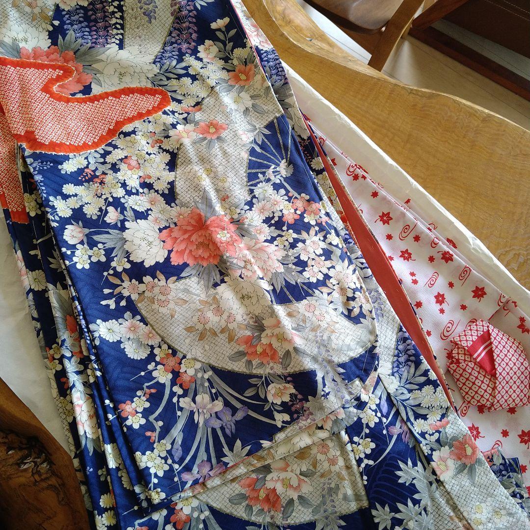 花柄扇子柄　2尺袖着物　長襦袢付き