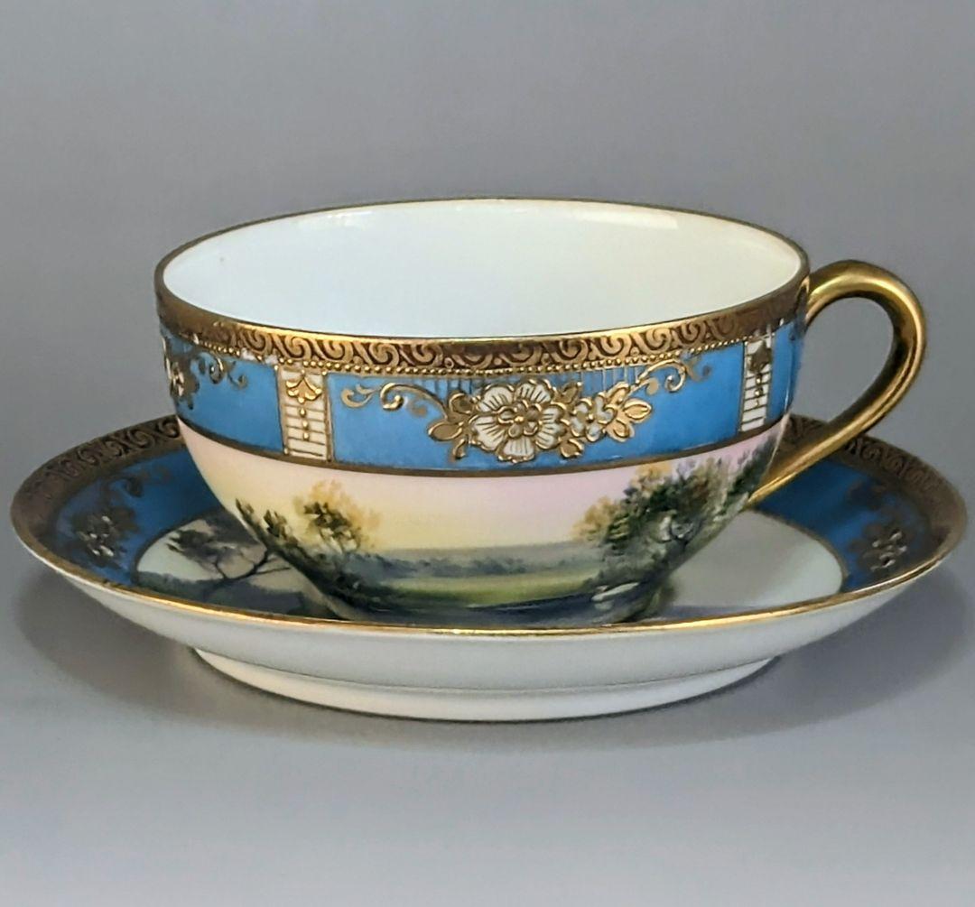 オールドノリタケ カップ＆ソーサー　金彩金盛上湖畔風景白鳥図 　　有名パターン