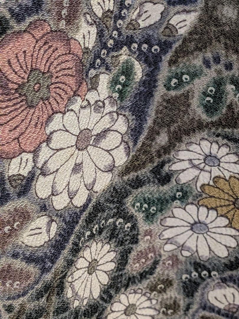 A264着物リメイク辻が花柄Aラインワンピース★リボン・ブローチ