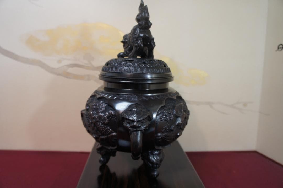 ★美品 未使用 高岡銅器 瑞峰作 新特大 花鳥 高級銅製香炉工芸作家造 送料込み