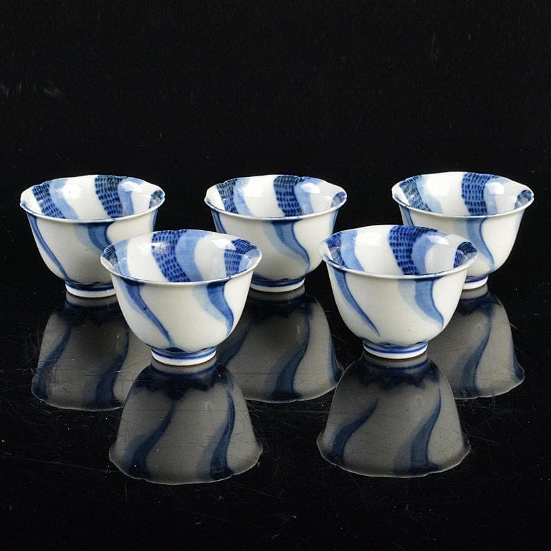 永楽善五郎造　染付　捻り文　煎茶碗　五客　時代箱付　V　R5390