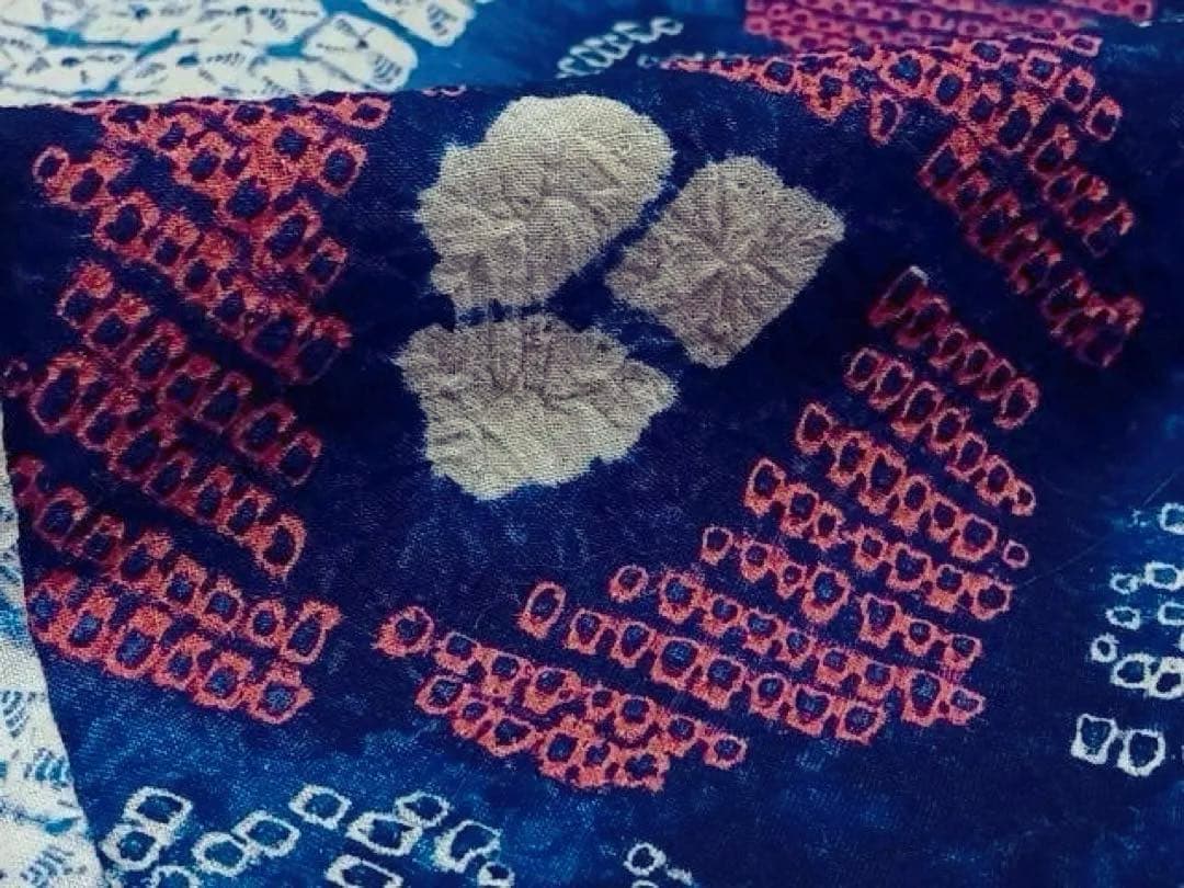 有松絞り　身丈159 浴衣　綿　青紺　蜘蛛絞り　有松鳴海絞り　流水花　ブルー