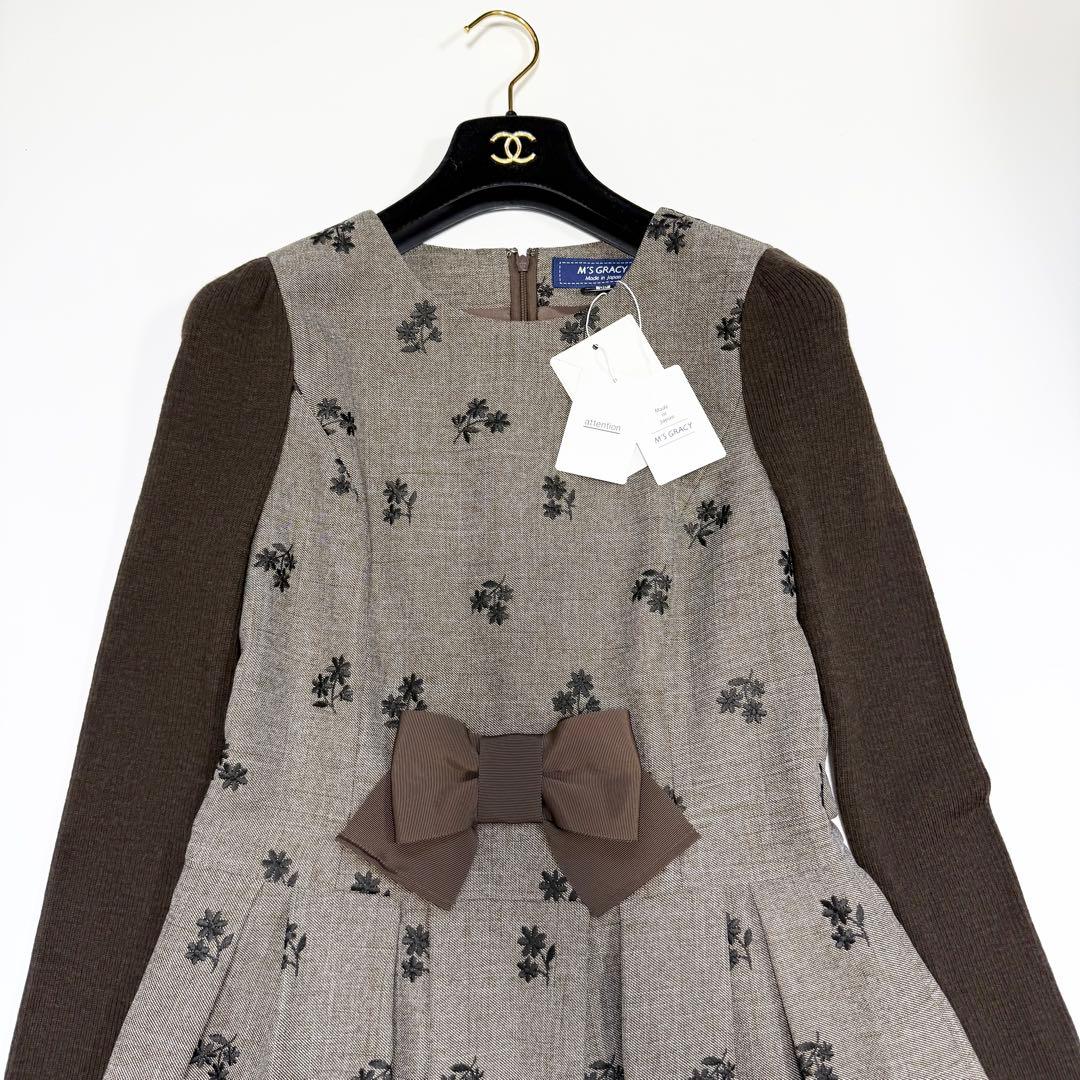 【新品タグ付き✨】エムズグレイシー　ワンピース　ニット袖　リボン　花柄　38