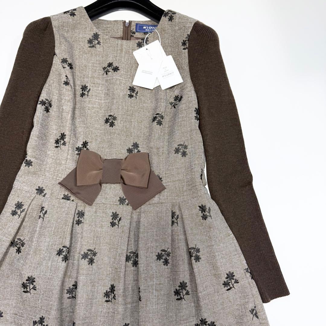 【新品タグ付き✨】エムズグレイシー　ワンピース　ニット袖　リボン　花柄　38