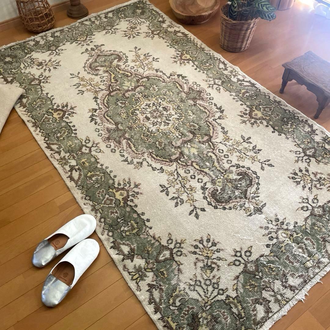 115×206 モスグリーン×クリーム　メダリオン　トルコヴィンテージラグ