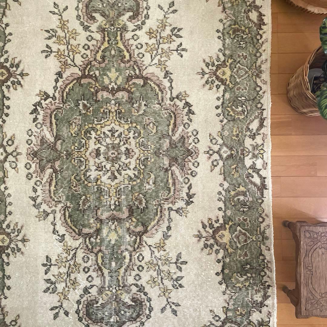 115×206 モスグリーン×クリーム　メダリオン　トルコヴィンテージラグ
