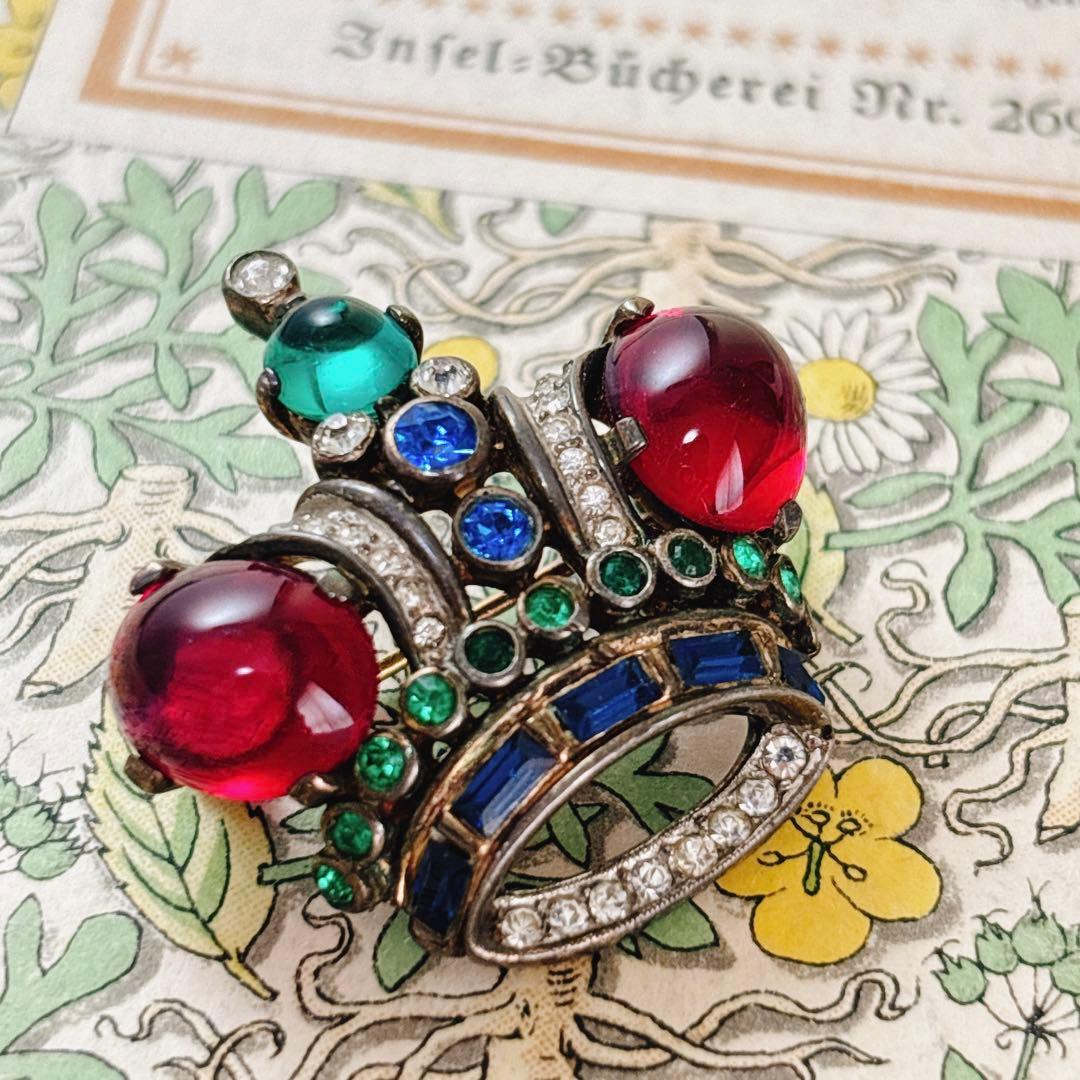 1940年代 トリファリ 王冠　ブローチ 赤カボション ヴィンテージ