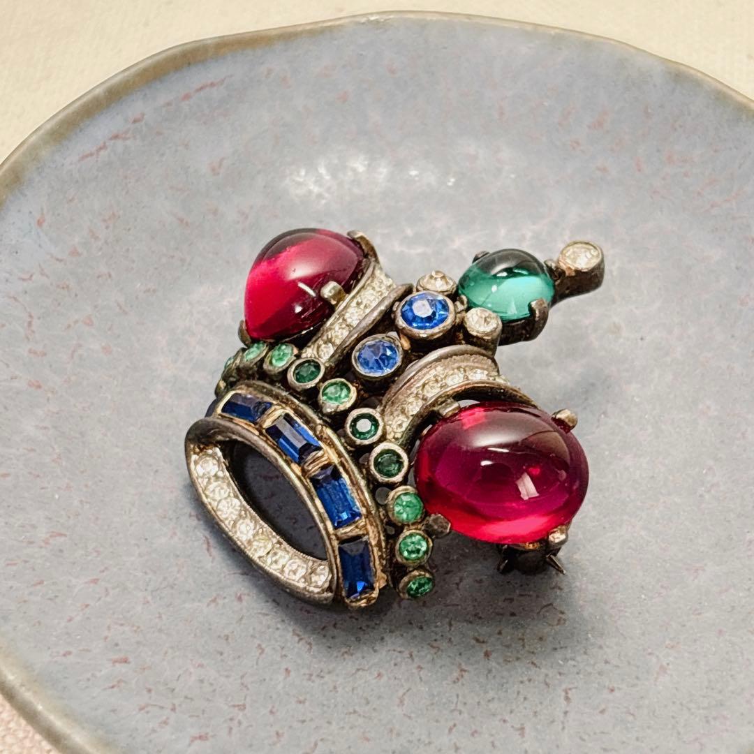 1940年代 トリファリ 王冠　ブローチ 赤カボション ヴィンテージ