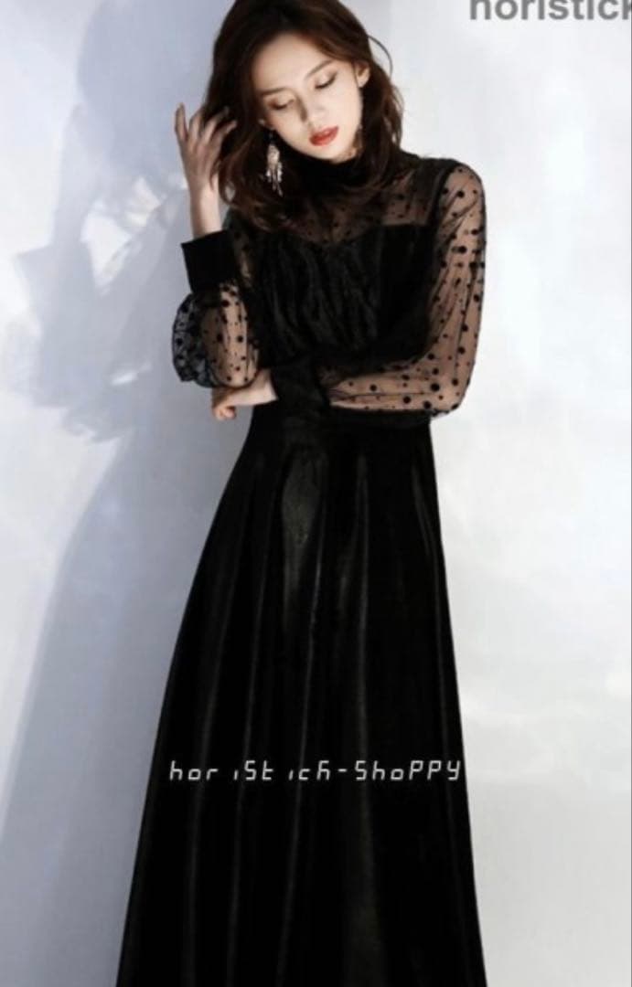 【新品】ブラック レーススリーブ マキシドレス/ベルベットバージョン