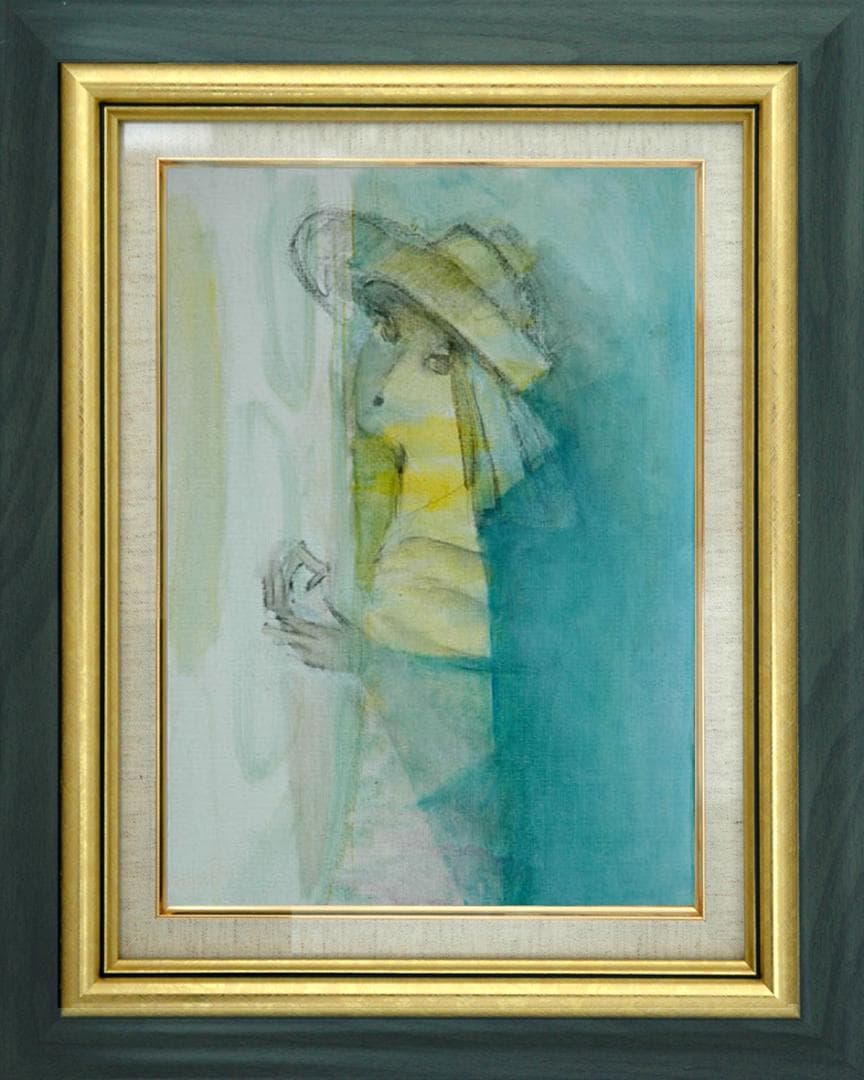 油絵 菅家令子 絵 絵画インテリア額付(青緑＋金色の枠) F4-071012女性