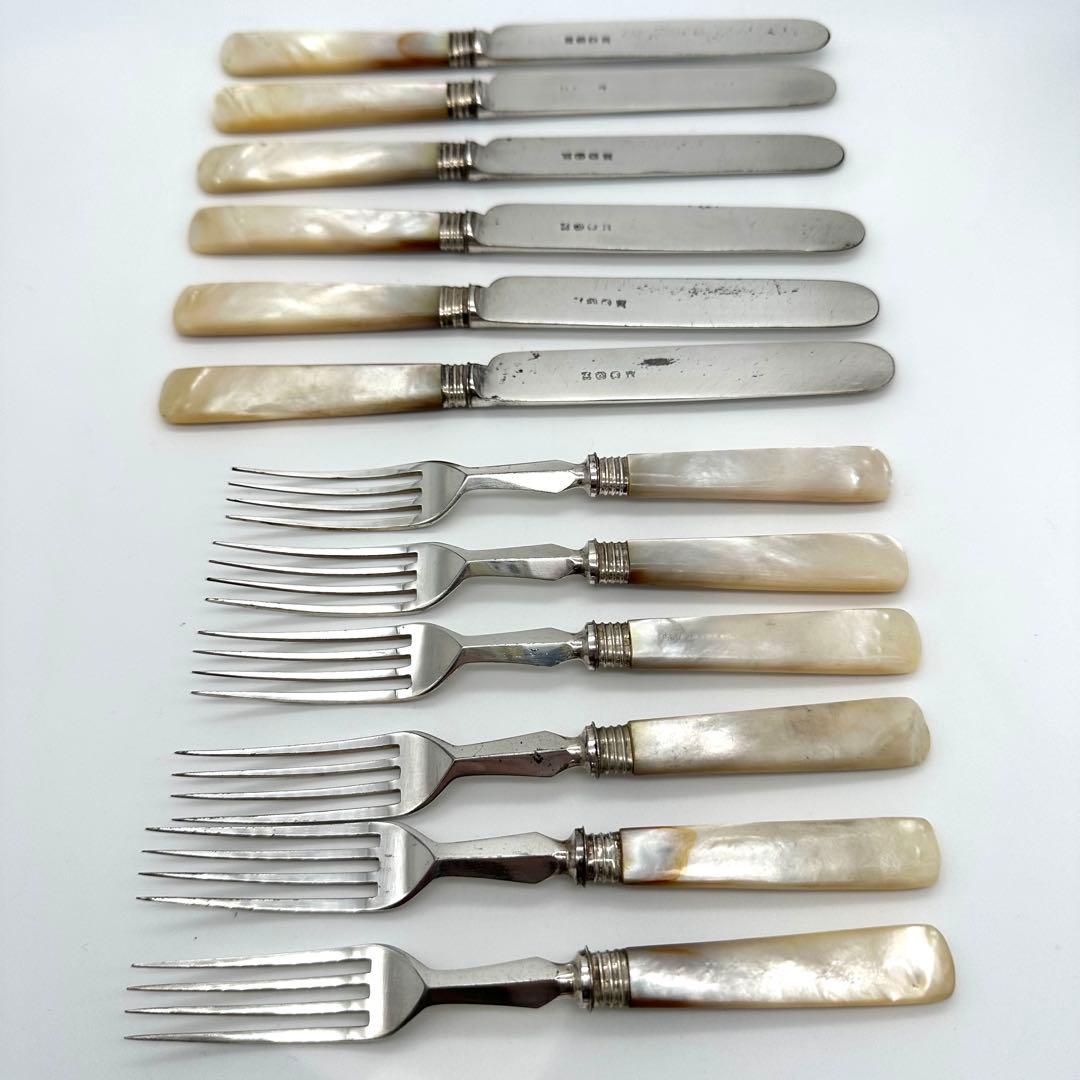 英国製/白蝶貝 マザーオブパール フルーツナイフ＆フォーク 24本 木箱入