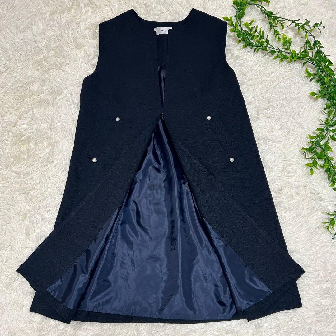 高級 Vin 手洗い可 ポイント　パール　ジレ ヤマダヤ　ネイビー　紺 着用感L