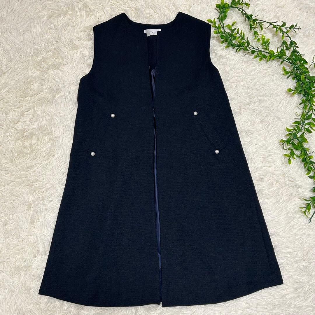 高級 Vin 手洗い可 ポイント　パール　ジレ ヤマダヤ　ネイビー　紺 着用感L