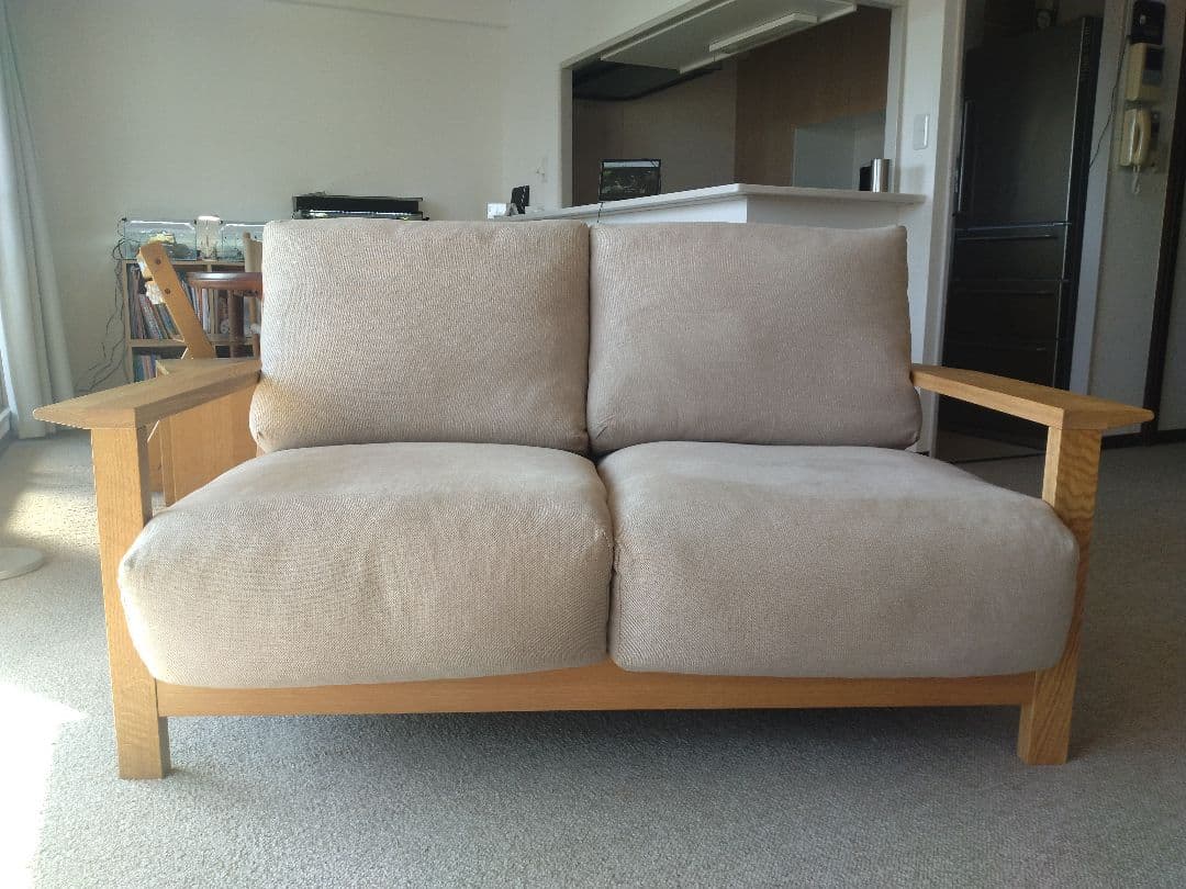 【訳あり美品】MUJI/無印良品 オーク材ソファ2シーター/フェザーコイル/木製